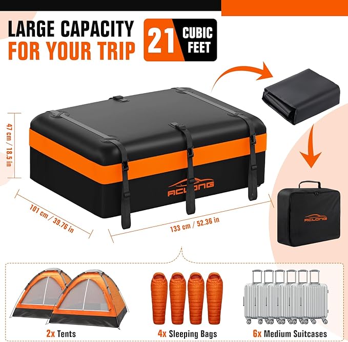 ACLONG Car Roof Bag 21 Cubic Feet Waterproof 840D Heavy Duty Rooftop Cargo Carrier Bag for All Cars with/Without Racks Includes Anti-Slip Mat Storage Bag Luggage Lock