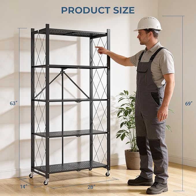 Upgraded 18% Thickened Portable 5-Tier Foldable Storage Shelves with Wheels Heavy Duty Storage Shelf Collapsible Shelves Unit Display for Garage Storage Kitchen Pantry & Closet Organizer, Black