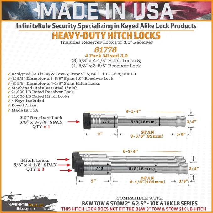 61776 | 4 Pack Mixed 3.0, Keyed Alike, Hitch Locks for B&W 2" & 2.5" Tow and Stow 10K LB & 18K LB - Includes Lock for 3.0" Receiver