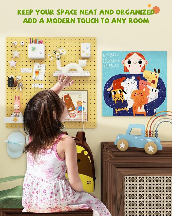 Metal Pegboard Combination Kit — 4 Carbon Steel Pegboards with 26 Accessories, Pegboard Wall Organizer for Home, Office, Study Room, Kitchen, Garage & Craft Room — 24″ × 24″ Yellow Peg Board