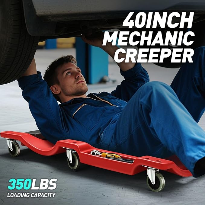 DNA MOTORING 40 Inch Mechanic Creeper, Blow Molded Low Profile Rolling Garage Creeper, w/Padded Headrest, Dual Tool Trays, 350lbs Capacity, Red, TOOLS-00005