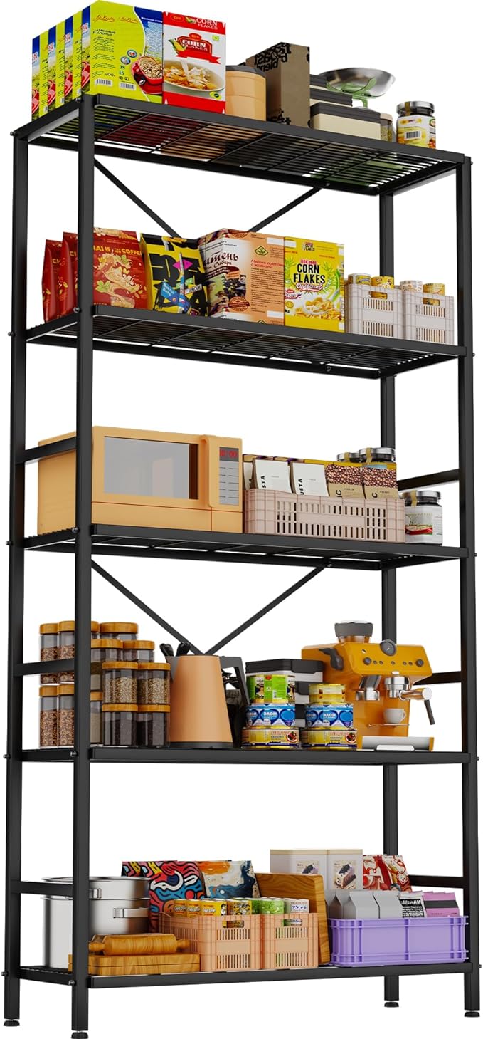 Soywey 5-Tier Heavy Duty Garage Shelving Unit,Standing Storage Shelf,Metal Wire Rack Shelf Suitable for Laundry Rooms,Bathrooms,Kitchen Storage Rooms,Wardrobes(Black,37.8L x 14W x 65.7H)