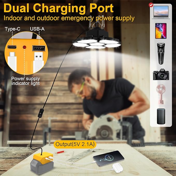 Cordless LED Work Light Compatible with DeWalt 20V Battery, 65W 6500LM Flood and Ceiling Pendant Light with USB & Type-C Charging Port, 5+1 Deformable Panels for Garage, Workbench, Job Site, Camping