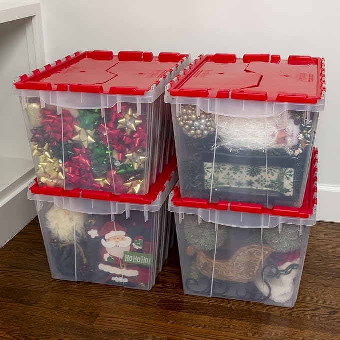 Akro-Mils KeepBox 12 Gallon Storage Container, Nesting and Stackable Plastic Storage Box with Lid Attached, Clear Tote for Garages, Closets, and Moving, 21-1/2" x 15" x 12-1/2", Clear/Red, 6-Pack