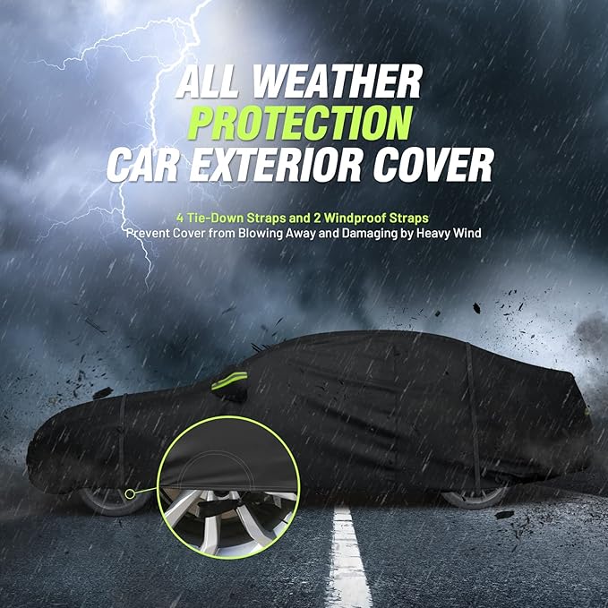 Favoto 6 Layers Car Cover Waterproof All Weather for Automobiles Heavy Duty Outdoor Sun Snow Protection Car Tarp with Windproof Straps Universal Fit for Sedan Length up to 185"