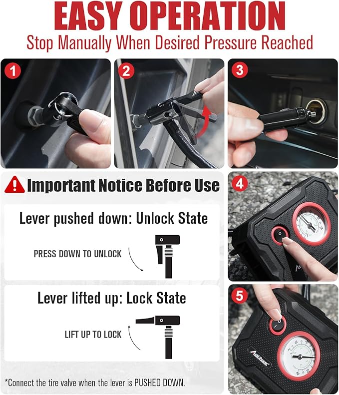 AVID POWER 12V Tire Inflator Portable Air Compressor, Portable Car Air Pump w/Display Gauge & LED Light, Air Pump for Car Tires, Motorcycles, Bicycles – 9.5Ft Cord, Ultra-compact