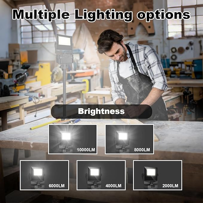 Rechargeable 10000mAh Work Light with Stand 5 ft Max Height, Cordless Work Light Dimmable 10000 Lumens Tripod Work Light Construction Essentials Gear Emergency floodlight with Detachable Tripod