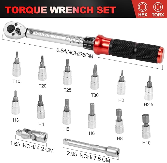 Toolwiz Bike Torque Wrench Set 1/4-Inch Drive 17.7-230.1 In-Lb/ 2-26 Nm 15 Pieces Torque Wrenches Tool Kit 72 Tooth Dual-Direction Click Type for Bicycle, MTB, Car Repair, Home Maintance
