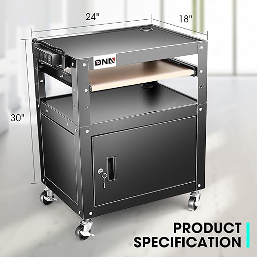 DNA Motoring Steel AV Cart with Extra Storage, 24" X 18" X 20.7"-30" Height Adjustable 2-Layer Utility Rolling Projector Cart w/Wheels, Pull Out Tray, Power Strip, Cord Management, TOOLS-00496