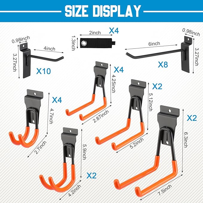 Landhoow 36 Pcs Slatwall Hooks & Hangers 32 Pcs Heavy Duty Slat Wall Hanging Hooks with 4 Pcs Storage Straps Assortment Slatwall Accessories for Storage Garage Wall Organization Garden Home(Orange)