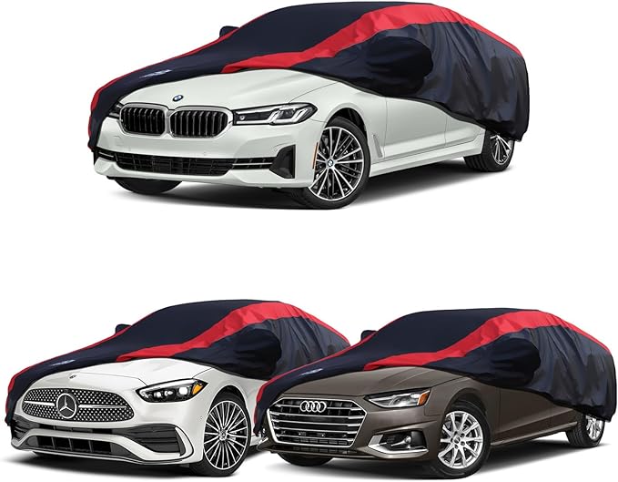 Car Cover Custom Fit for Benz C-Class 2008-2005, BMW 3 Series 2007-2025, Audi A4/S4 2010-2025, Car Cover Waterproof All Weather Outdoor Protection with Red Strip Design