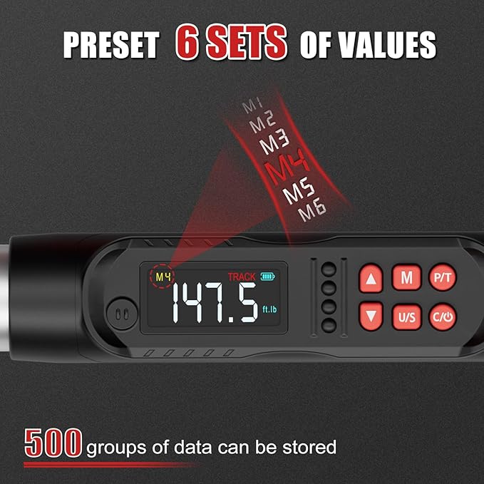 VANPO Adjustable Digital Torque Wrench, 7.4-147.5Ft.lb/10-200Nm, ±2% Accuracy, HVAC Torque Wrench Interchangeable 38mm Jaw & 1/2" Ratchet, Buzzer, Vibration and LED Alert for Split AC, Car
