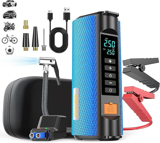 Jump Starter with Air Compressor,2500A car battery Jump starter,12V car booster jumper cable kit,Car Charger 150PSI portable tire inflator,battery charger,multi-function LED outdoor emergency lighting