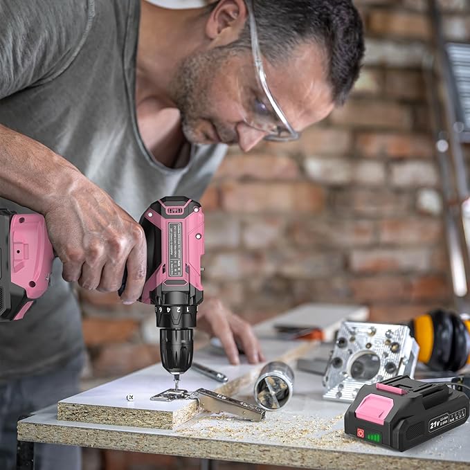 Pink Cordless Drill Set, 21V Electric Power Drill for Women with 2.0Ah Battery Charger, 3/8”Keyless Chuck, 2 Variable Speed, 18+1 Torque, 20pcs Driver Bits and Belt Hook for DIY Projects