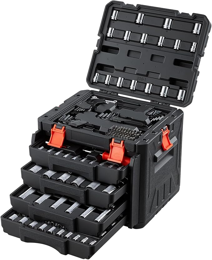 VEVOR Mechanics Tool Set, 230-Piece Mechanic Tool Kit, 1/4 in, 3/8 in, and 1/2 in Drive, SAE and Metric Socket Set, Wrenches, Screwdriver Bits, Accessories, and Storage Case, for Automotive Repair
