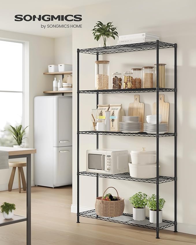 SONGMICS Storage Shelf, Metal Wire Shelving Unit, Adjustable Shelves, for Garage, Bedroom, Living Room, Kitchen, Pantry, 5 Tier, 11.8 x 35.4 x 63 Inches, Ink Black ULGR195BH01S