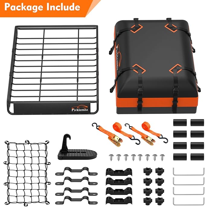 FIVKLEMNZ Car Rooftop Cargo Carrier Roof Bag Waterproof for All Top of Vehicle with/Without Rack Includes Topper Anti-Slip Mat + Reinforced Straps + 6 Door Hooks + Luggage Lock