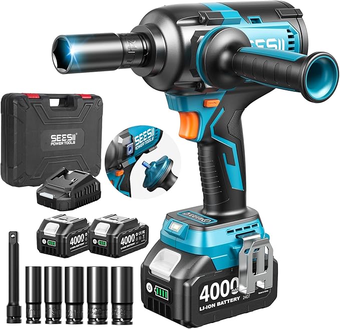 Seesii Upgraded Cordless Impact Wrench 885Ft-lbs (1200N·m): 1/2" Impact Gun with Detachable Side Handle, 21V High Torque Power Impact Driver 2x 4.0Ah Batteries for Family Car/Pickup Truck/Mower