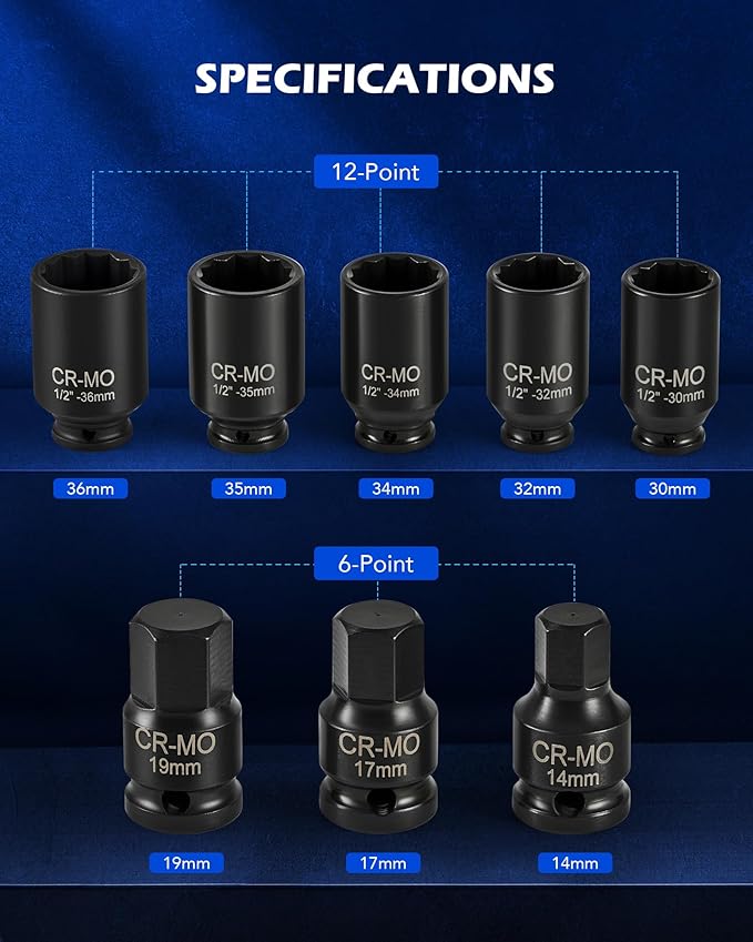Orion Motor Tech 8pc 1/2" Drive Axle Nut Socket Set, Metric 12 Point CR-MO Axle Nut Impact Socket Set, Extra-Deep Spindle Axle Nut Sockets with Storage Case, 14mm 17mm 19mm, 30mm 32mm 34mm 35mm 36mm