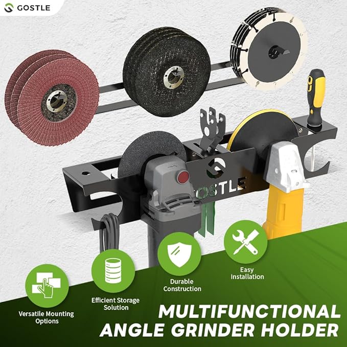 2 Bay Angle Grinder Holder with Discs Hook Rack, Grinders Power Tools Holder Storage Rack, Wall Mount Organizer Bracket for Cutters Polishers with Cord Hanger and Hooks
