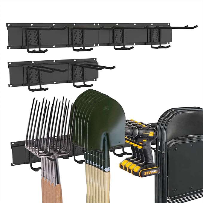 CBWLWJ 48 Inch Garage Tool Organizer Wall Mount - Heavy Duty 480 lbs Capacity Tool Rack with 6 Adjustable Bilayer Hooks, Wall Mounted Storage System for Garage, Shed, Workshop (Black)