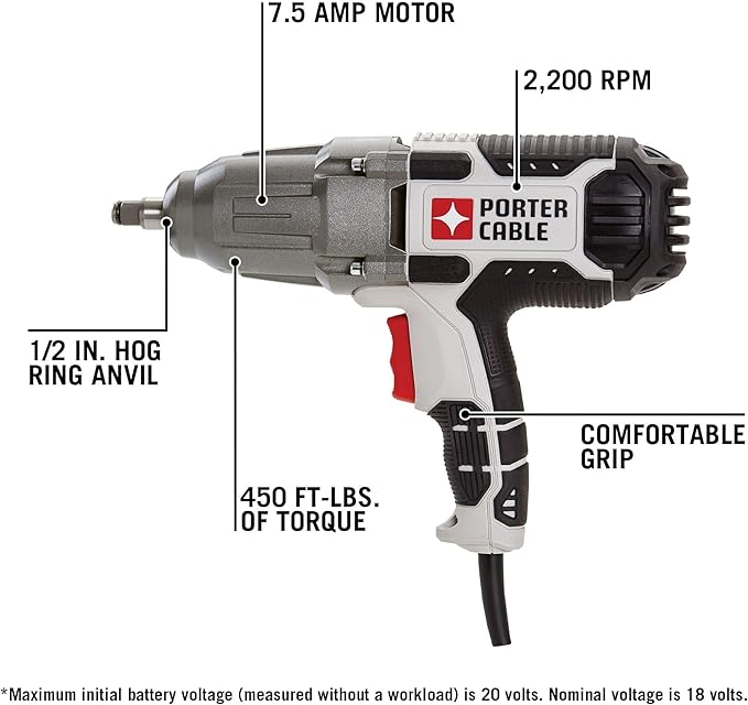 PORTER-CABLE Impact Wrench, 450 lbs of Torque, 1/2 Inch Hog Ring, 7.5-Amp, Corded (PCE211)