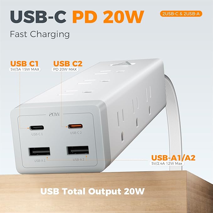 TESSAN Surge Protector Power Strip PD 20W, Ultra Thin Flat Plug 6 FT Extension Cord, 9 Outlets 4 USB(2 USB C), 1050J Protection Multiple Outlets Charging Station for Home, Office, College Dorm Room