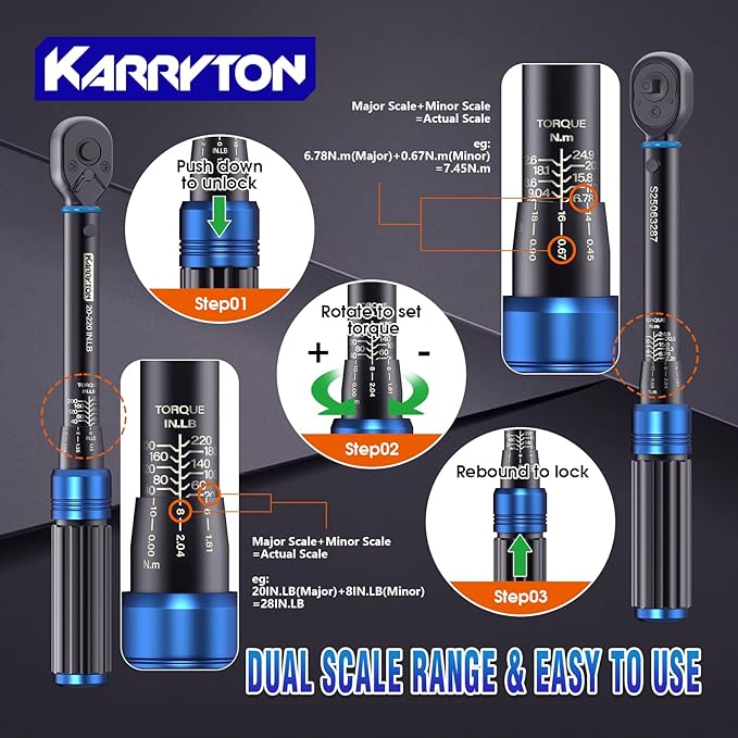 35pc Torque Wrench Set 1/4 3/8 1/2-Inch Drive, CR-MO/72-Tooth/Dual Scale ±3% Accuracy Click Torque Wrenches w/Adapters for Auto, Bike, Motor