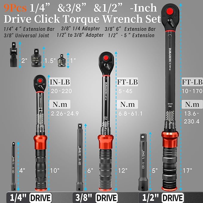 9PCS Torque Wrench Set 1/4", 3/8", 1/2" Drive Click Torque Wrench (20–220 in-lb, 5–45 & 10–170 ft-lb) 72-Tooth Dual-Range, ±3% Precision Adjustable Torque Wrenches for Bike, Moto, Car Repair and Maint
