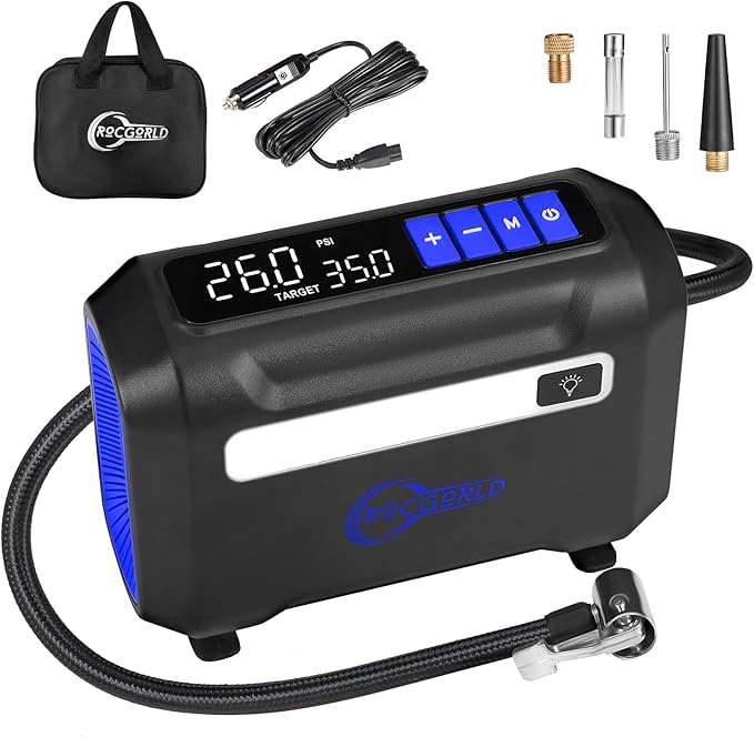ROCGORLD R8 Tire Inflator Portable Air Compressor, DC 12V Air Compressor Portable with Large Dual Digital Screen, 3X Faster Inflation Air Pump for Car, Bike, Ball, Motor (Blue)