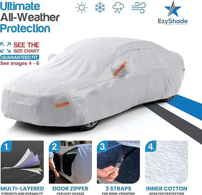 EzyShade 10-Layer Car Cover Waterproof All Weather. See Vehicle Size-Chart for Accurate Fit. Outdoor Full Exterior Covers for Automobiles Sedan Hatch SUV Rain Sun Protection. Size A5 (See SizeChart)
