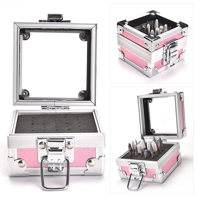 Nail Drill Bits Box Container 25 Hole Professional Nail Sander Storage Box Nail Art Tools Storage Container Nail Art Tools for Drill Bits Display Organizer, Pink