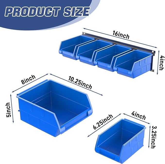 WALMANN Wall Mounted Storage Bins for Small Parts, 10 Bins with 3 Metal Rails, Plastic Wall Bins for Screws, Bolts, Nuts, Craft Room, Workshop, and Garage Storage Bins(Blue)