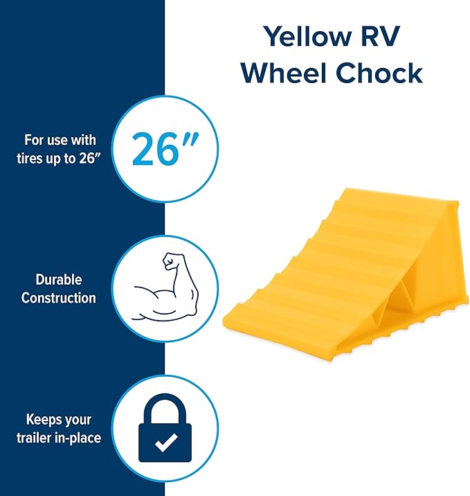 Camco Standard Wheel Chock for Trailers & RVs - Heavy Duty Trailer Wheel Chock Constructed of Durable Plastic w/UV inhibitors - for Use w/Tires Up to 26-inches - Re-Hitch in Confidence - 44412