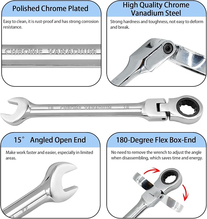 18mm Flex Head Ratchet Wrench, 12 Point Chrome Vanadium Steel Combination Spanner with 72 Tooth Ratcheting Gear, Metric Industrial Grade Tool for Automotive and Mechanical Maintenance