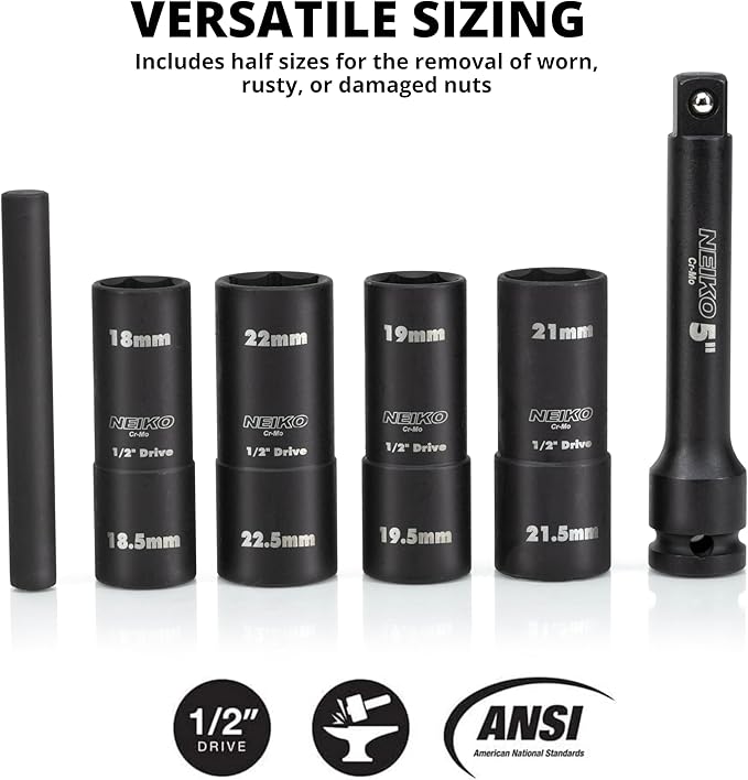 NEIKO 02290B Lug Nut Socket Set, 1/2” Impact Thin Wall Flip Socket Set, Half Size Wheel Socket Set, Metric 6 Point, 5" Extension Bar & Knockout Bar, 18.5mm, 19.5mm, 21.5mm, and 22.5mm
