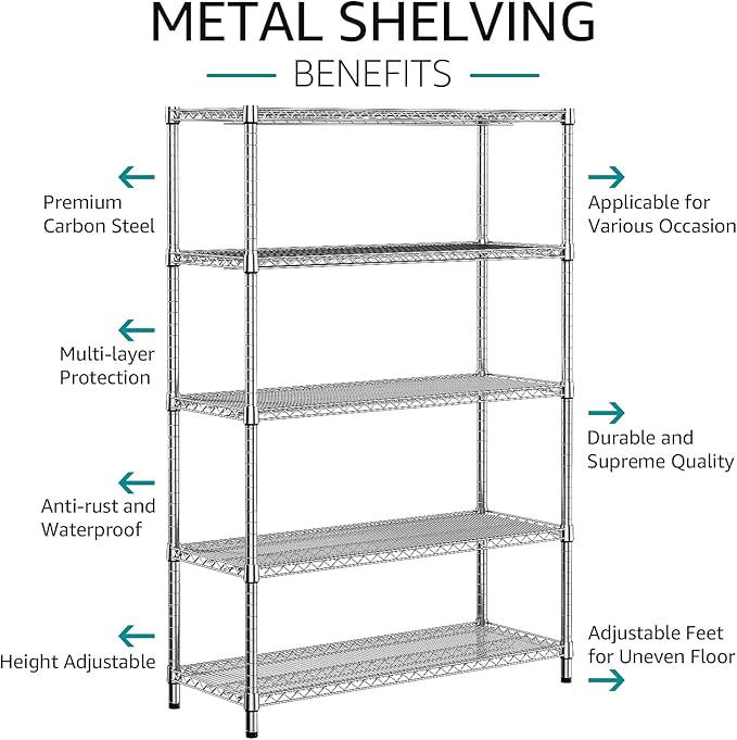 IZEUK 4250 LBS Garage Shelving Wide Storage Shelves 5 Tier Metal Shelves Heavy Duty Adjustable Utility Shelf Rack Chrome 17.7" D x 59.1" W x 70.4" H