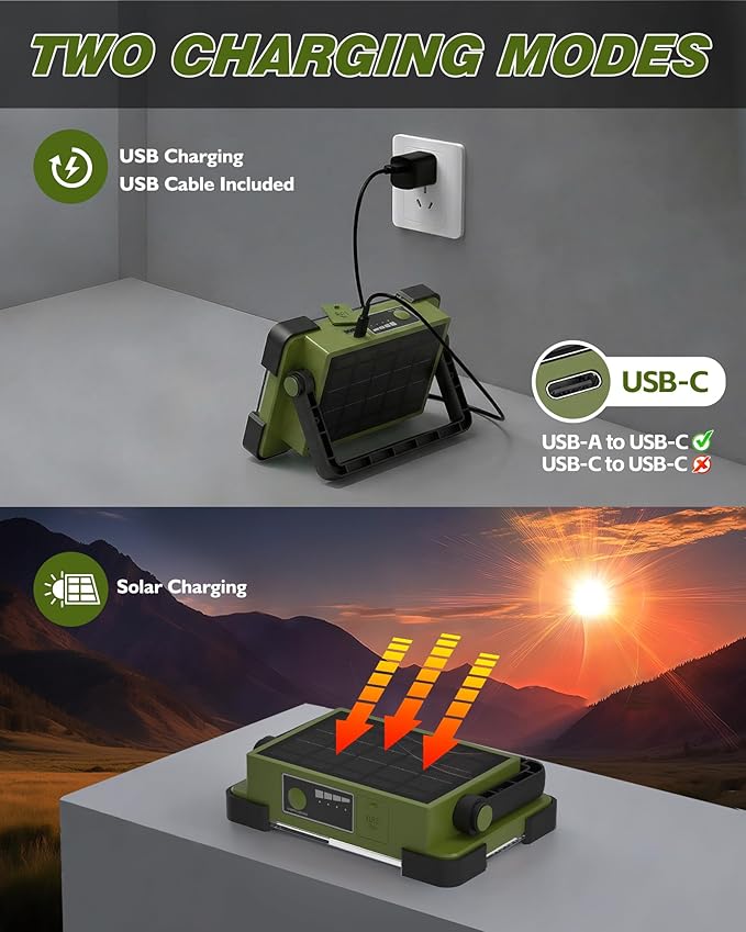 120W Solar Rechargeable Work Light, Portable Flood Light with Stand, 144 LED 10000LM Led Work Light with 4 Modes, IP66 Waterproof Outdoor Working Light for Emergency Repair Mechanic Camping