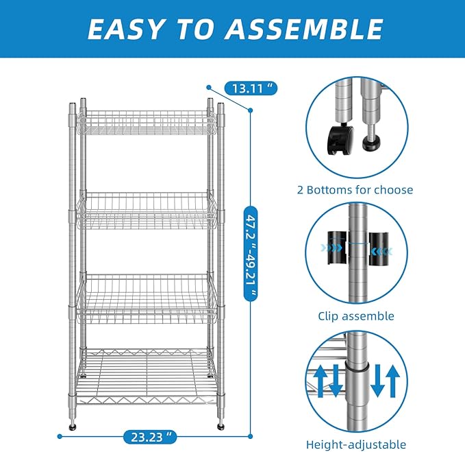 Guan River 4 Tier Wire Shelving Wire Basket Shelf Storage Cart Adjustable Metal Shelf 2 Bottoms for Choose(Castor or Leveling Feet) for Office,Kitchen,Bedroom,Silver(23.23" L x 13.11" W x 49.21" H)