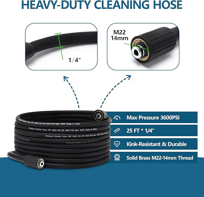Pressure Washer Gun and Hose Kit, 25FT High Pressure Power Washer Hose with Spray Gun, Wand Extension, 5 Nozzles, M22-14mm Fittings, 3600 PSI
