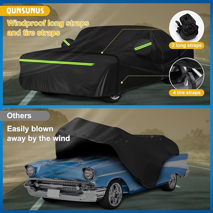 QUNSUNUS Waterproof Car Cover for Chevrolet Bel Air/150/210 1950-1957 Sedan/Coupe/Hardtop, All Weather Outdoor Car Covers with Zipper, Straps and Elastic Edge