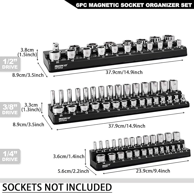 Magnetic Socket Organizer Set 12Pcs, Magnetic Holder, 1/4", 3/8", 1/2" Drive Metric SAE Standard & Deep Sockets Trays(Socket not Included) (6)