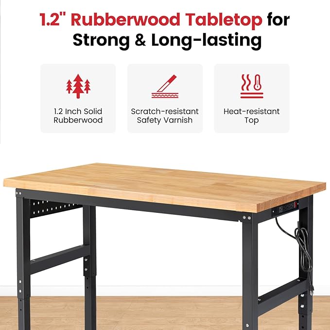 ENJOYWOOD 60" x 22" Garage Workbench Adjustable Height Work Table with Pegboard Heavy Duty Rubberwood Top Work Bench for Workshop, Office & Home