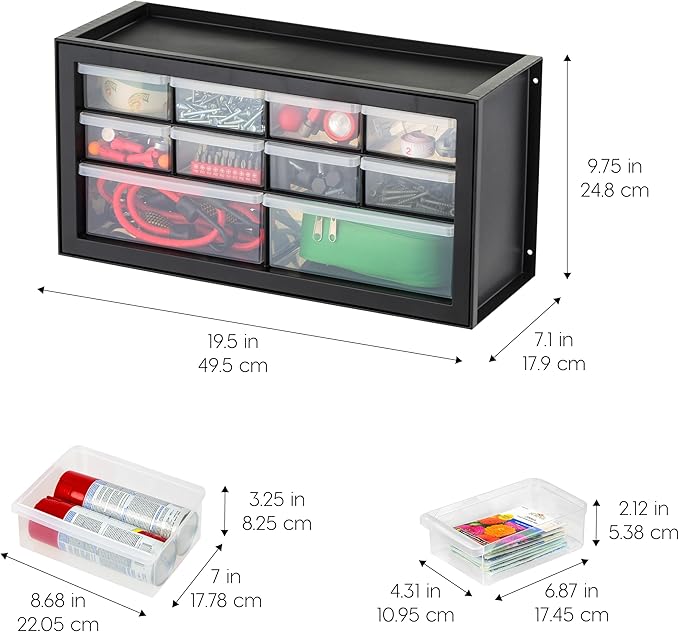 IRIS USA Small Plastic Storage Drawers, Made in USA, 10-Drawer Organizer (2 Pack) Stackable Teacher Toolbox for Crafts, Beads, Screws, Hardware, Building Bricks, Drink Mix & Water Flavor Packets-Black