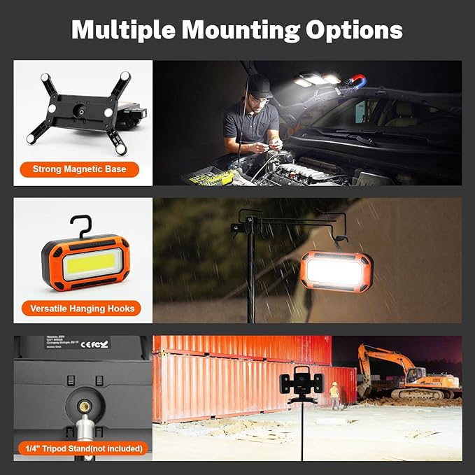 Tresda 3-in-1 Modular Rechargeable Work Light, 50W 5000LM Portable LED Work Lights with Detachable Dual Side Lights, 9 Modes, 360° Rotation, Magnetic Base & Hooks for Workshop Jobsite Repair Camping