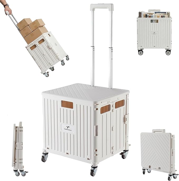 Rolling Cart for Teachers – Collapsible Cart with Wheels, Foldable Utility and Grocery Cart on Wheels for Classroom, Office, Travel, Tool Box, and Move Luggage (White)