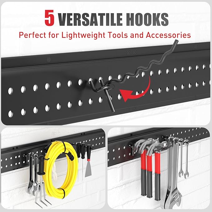 Garage Tool Organizer Wall Mount 48 inches with 10 Adjustable Heavy-Duty Hooks, Garage Organization, Garden Tool Storage Rack, Yard, and Shed, Holds Up to 400 lbs