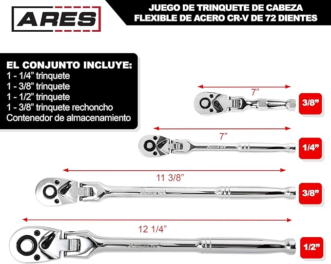 ARES 42040 - Flex Head Ratchet Set - 4-Piece 72-Tooth Ratchets - Premium Chrome Vanadium Steel Construction & Chrome Plated Finish - Quick Release Reversible Design with 5 Degree Swing