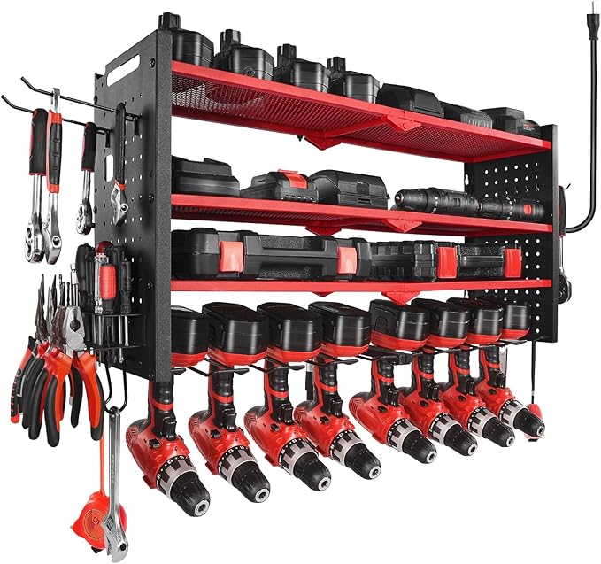 VEVOR Power Tool Organizer with Charging Station, 4-Layer Drill Storage Rack with 8 Drill Holders & Side Pegboard, Garage Tool Organizer Built in 8 Outlet Power Strips for Garage, Workbench, Workshop
