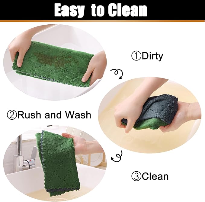 Mordimy 12 Pack Kitchen Towels (20" x 10", Dark Grey & Grass Green), Super Soft and Absorbent Dish Towels, Coral Velvet Microfiber Cleaning Cloth, Nonstick Oil Fast Dry Dish Cloths